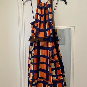 Jessica Simpson color block belted, snap closure halter dress